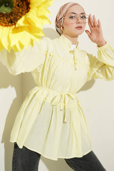 Hakim Yaka Bel İpli Tunik Sarı - Tunik
