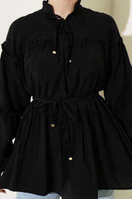 Hakim Yaka Bel İpli Tunik Siyah - Tunik