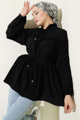 Hakim Yaka Bel İpli Tunik Siyah - TABLO FASHİON
