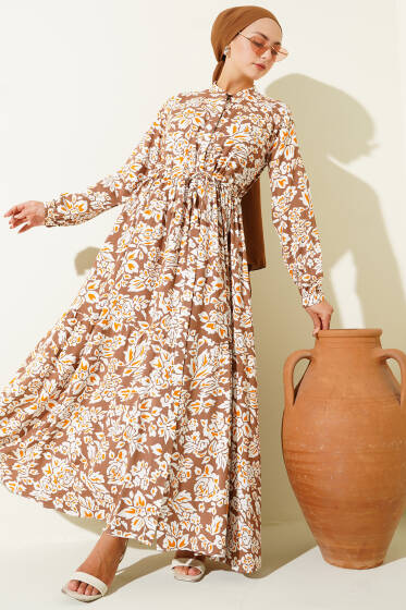 Hakim Yaka Bel Tünelli Desenli Elbise Kahve - Elbise
