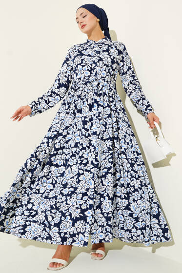 Hakim Yaka Bel Tünelli Desenli Elbise Lacivert - Elbise
