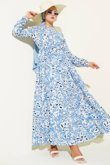 Hakim Yaka Bel Tünelli Desenli Elbise Mavi - Elbise