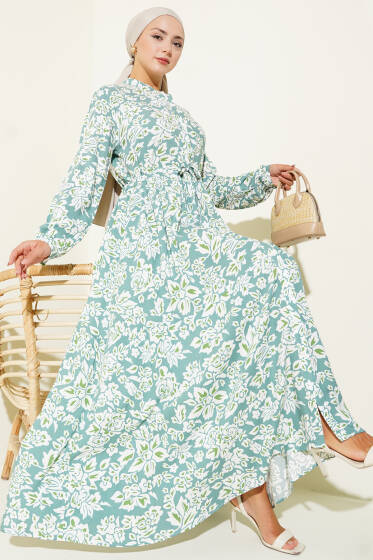 Hakim Yaka Bel Tünelli Desenli Elbise Mint - Elbise