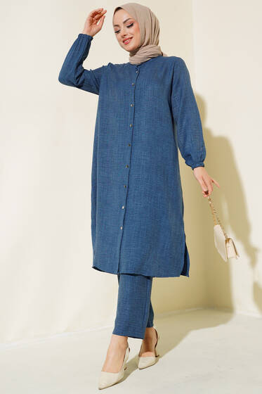 Hakim Yaka Boydan Düğmeli İkili Takım İndigo - İkili Takım