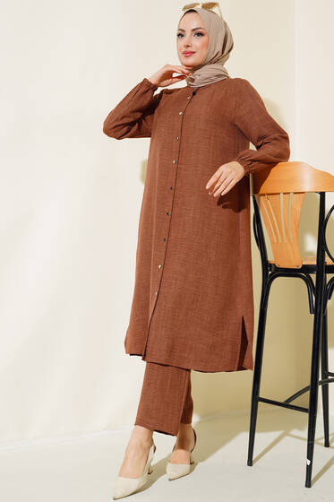 Hakim Yaka Boydan Düğmeli İkili Takım Kahve - İkili Takım