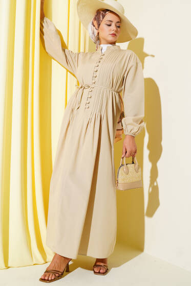 Hakim Yaka Brit Düğmeli Elbise Bej - Elbise