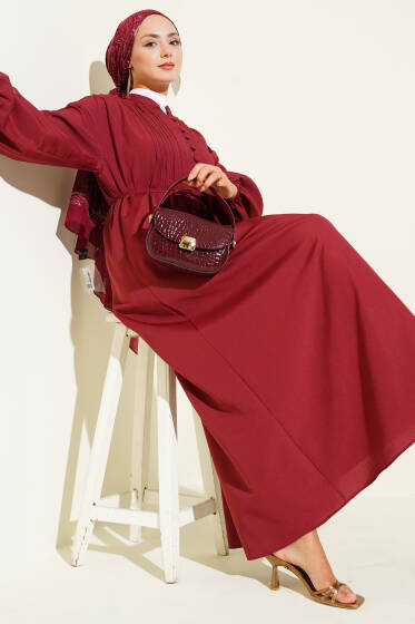 Hakim Yaka Brit Düğmeli Elbise Bordo - Elbise