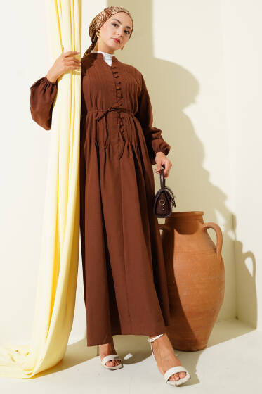 Hakim Yaka Brit Düğmeli Elbise Kahve - Elbise