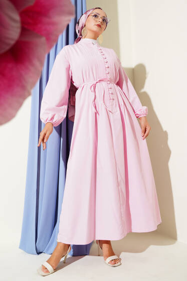 Hakim Yaka Brit Düğmeli Elbise Pembe - Elbise
