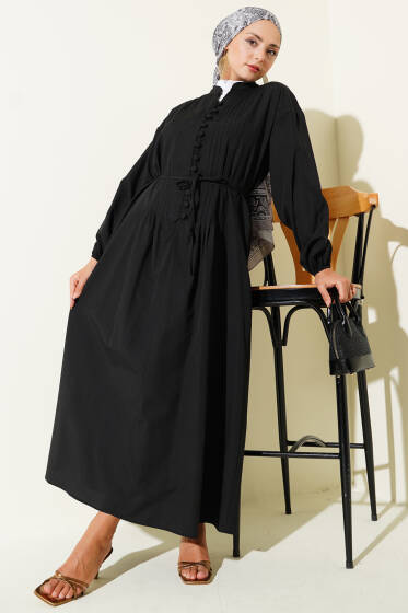 Hakim Yaka Brit Düğmeli Elbise Siyah - Elbise
