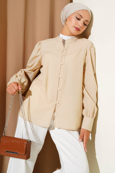 Hakim Yaka Brit Düğmeli Gömlek Bej - Yılın Fırsatı 