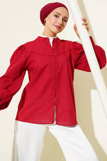 Hakim Yaka Brit Düğmeli Gömlek Bordo - Yılın Fırsatı 
