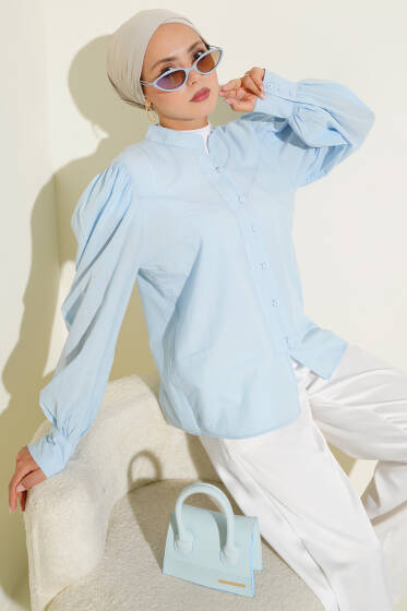 Hakim Yaka Brit Düğmeli Gömlek Mavi - Yılın Fırsatı 