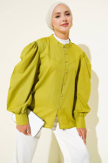 Hakim Yaka Brit Düğmeli Gömlek Yağ Yeşili - Yılın Fırsatı 