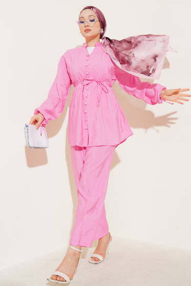 Hakim Yaka Brit Düğmeli İkili Takım Pembe - İkili Takım