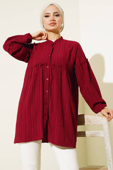 Hakim Yaka Büzgülü Gömlek Bordo - Gömlek