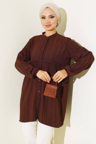 Hakim Yaka Büzgülü Gömlek Kahve - Gömlek