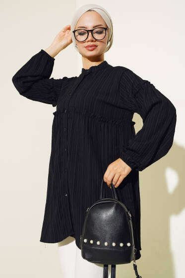 Hakim Yaka Büzgülü Gömlek Siyah - Gömlek