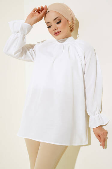 Hakim Yaka Büzgülü Tunik Beyaz - Tunik