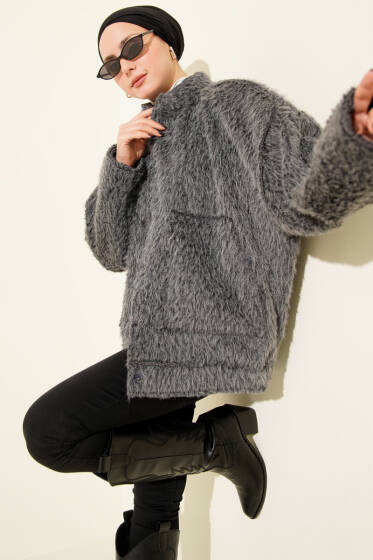 Hakim Yaka Çıtçıtlı Sakallı Ceket Füme - Ceket