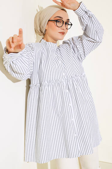Hakim Yaka Çizgili Tunik Beyaz - Gömlek