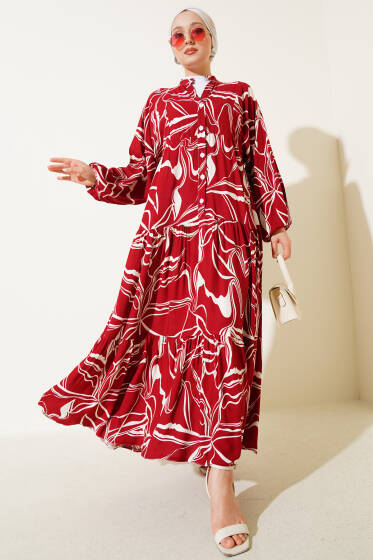 Hakim Yaka Desen Detaylı Elbise Bordo - Elbise