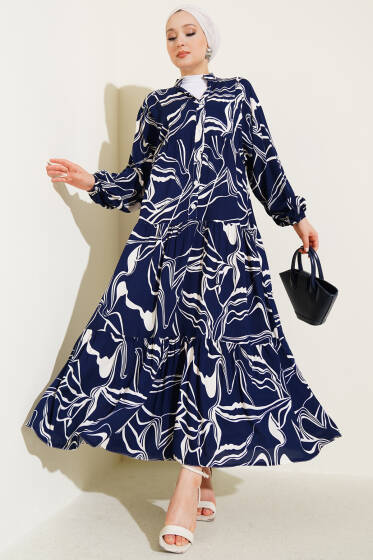 Hakim Yaka Desen Detaylı Elbise Lacivert - Elbise