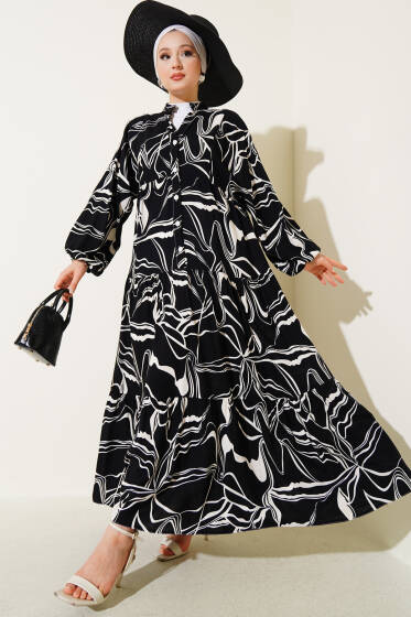 Hakim Yaka Desen Detaylı Elbise Siyah - Elbise