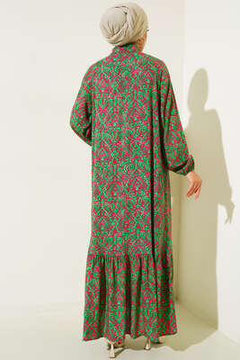 Hakim Yaka Desenli Elbise Yeşil - Thumbnail