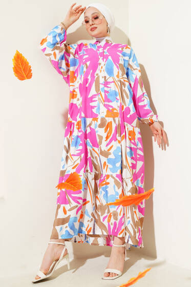 Hakim Yaka Desenli Kat Kat Elbise Fuşya - Elbise