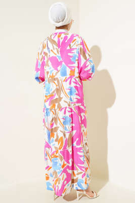 Hakim Yaka Desenli Kat Kat Elbise Fuşya - Tesettür Elbise