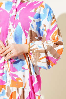 Hakim Yaka Desenli Kat Kat Elbise Fuşya - Tesettür Elbise