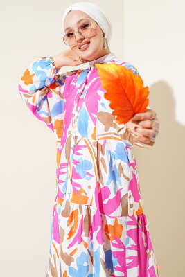 Hakim Yaka Desenli Kat Kat Elbise Fuşya - Tesettür Elbise