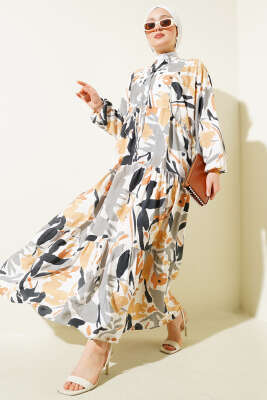 Hakim Yaka Desenli Kat Kat Elbise Gri 