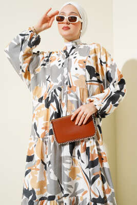 Hakim Yaka Desenli Kat Kat Elbise Gri - Tesettür Elbise