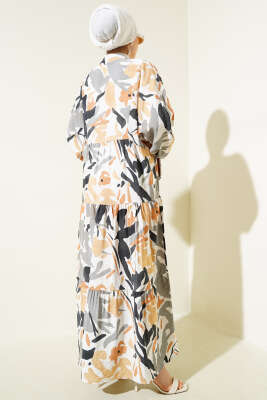 Hakim Yaka Desenli Kat Kat Elbise Gri - Tesettür Elbise