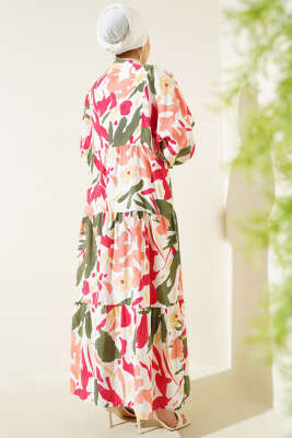 Hakim Yaka Desenli Kat Kat Elbise Haki - Tesettür Elbise