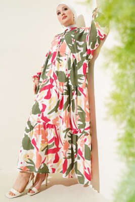 Hakim Yaka Desenli Kat Kat Elbise Haki 