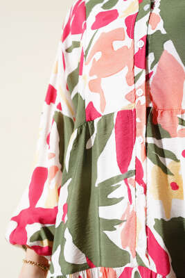 Hakim Yaka Desenli Kat Kat Elbise Haki - Tesettür Elbise