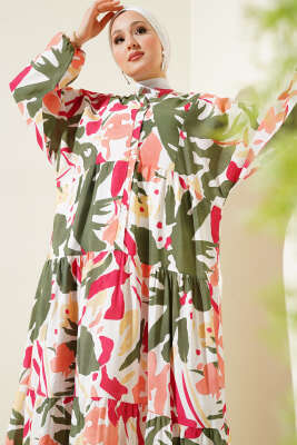 Hakim Yaka Desenli Kat Kat Elbise Haki - Tesettür Elbise