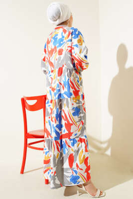 Hakim Yaka Desenli Kat Kat Elbise Mavi - Tesettür Elbise