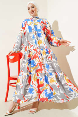 Hakim Yaka Desenli Kat Kat Elbise Mavi 