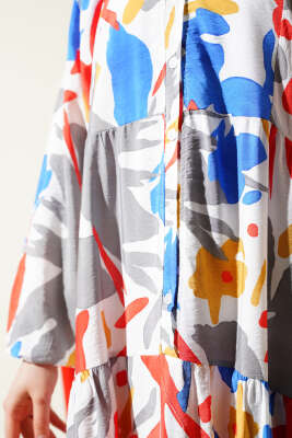 Hakim Yaka Desenli Kat Kat Elbise Mavi - Tesettür Elbise