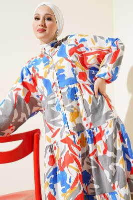 Hakim Yaka Desenli Kat Kat Elbise Mavi - Tesettür Elbise