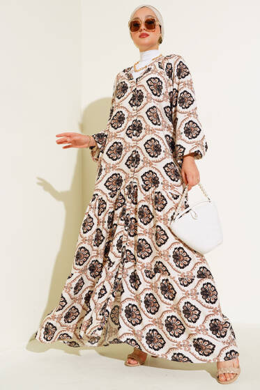 Hakim Yaka Desenli Salaş Elbise Bej - Elbise