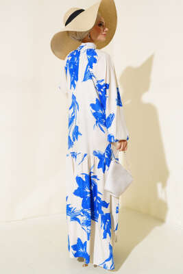 Hakim Yaka Desenli Salaş Elbise Bej Saks - Tesettür Elbise