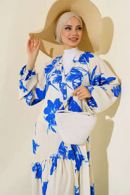 Hakim Yaka Desenli Salaş Elbise Bej Saks - Tesettür Elbise