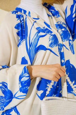 Hakim Yaka Desenli Salaş Elbise Bej Saks - Tesettür Elbise