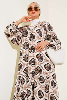 Hakim Yaka Desenli Salaş Elbise Bej - Tesettür Elbise