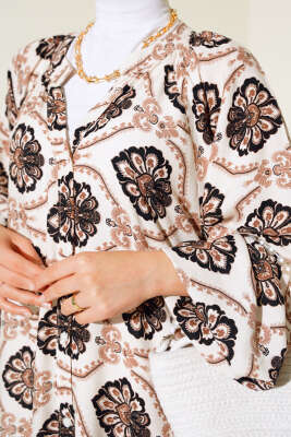 Hakim Yaka Desenli Salaş Elbise Bej - Tesettür Elbise